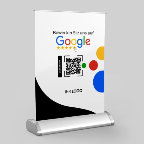 Tischauftsteller zum sammeln von Google-Bewertungen white mit QR-Code+Logo