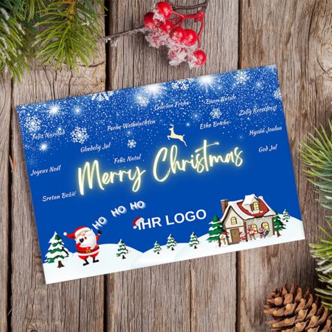 Weihnachtskarte „Merry Christmas Blue“ mit Logo & mehrsprachig