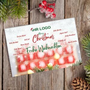 Weihnachtskarte „Merry Christmas Red-W“ mit Logo & mehrsprachig (100 Stk)