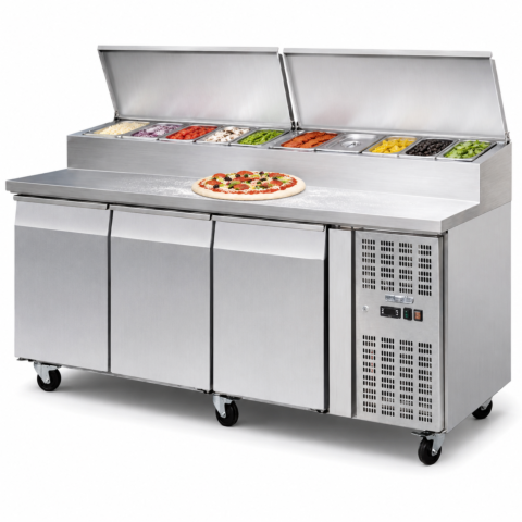 Gefüllte Behälter Zubereitungstisch Pizzatisch mit 3 Türen, für 10x 1/3GN, Breite 2020mm