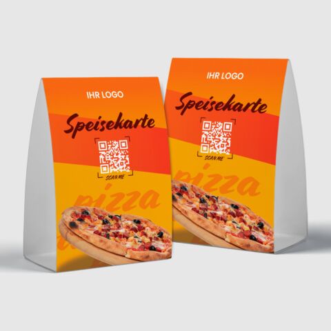 QR-Aufsteller „Pizzeria-Speisekarte“ mit Logo, gelb