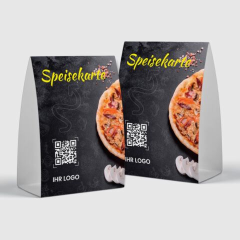 QR-Aufsteller „Pizzeria-Speisekarte“ mit Logo, schwarz (100 Stk.)