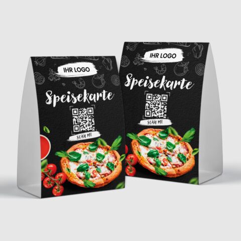 QR-Aufsteller „Pizzeria-Speisekarte“ mit Logo, schwarz (100 Stk.)