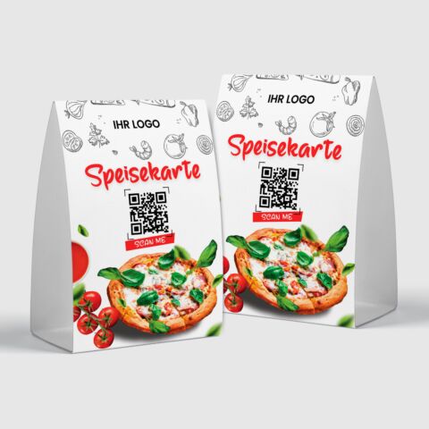 QR-Aufsteller „Pizzeria-Speisekarte“ mit Logo, weiss (100 Stk.)