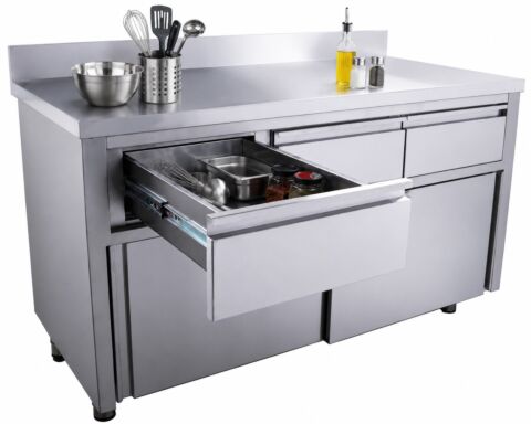 SARO Edelstahl Arbeitsschrank, Schiebtüren, 3 Schubladen 1400x700x850mm