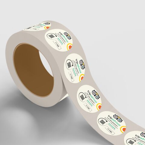Aufkleber auf Rolle CLASSIC für Tripadvisor-Bewertung mit QR-Code+Logo