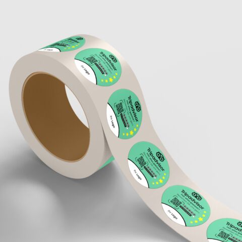 Aufkleber auf Rolle FOCUS für Tripadvisor-Bewertung mit QR-Code+Logo