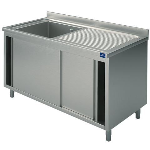 MASTRO Spülschrank, 1 Becken, Tropftasse rechts, mit Schiebetüren, 1000x700 mm